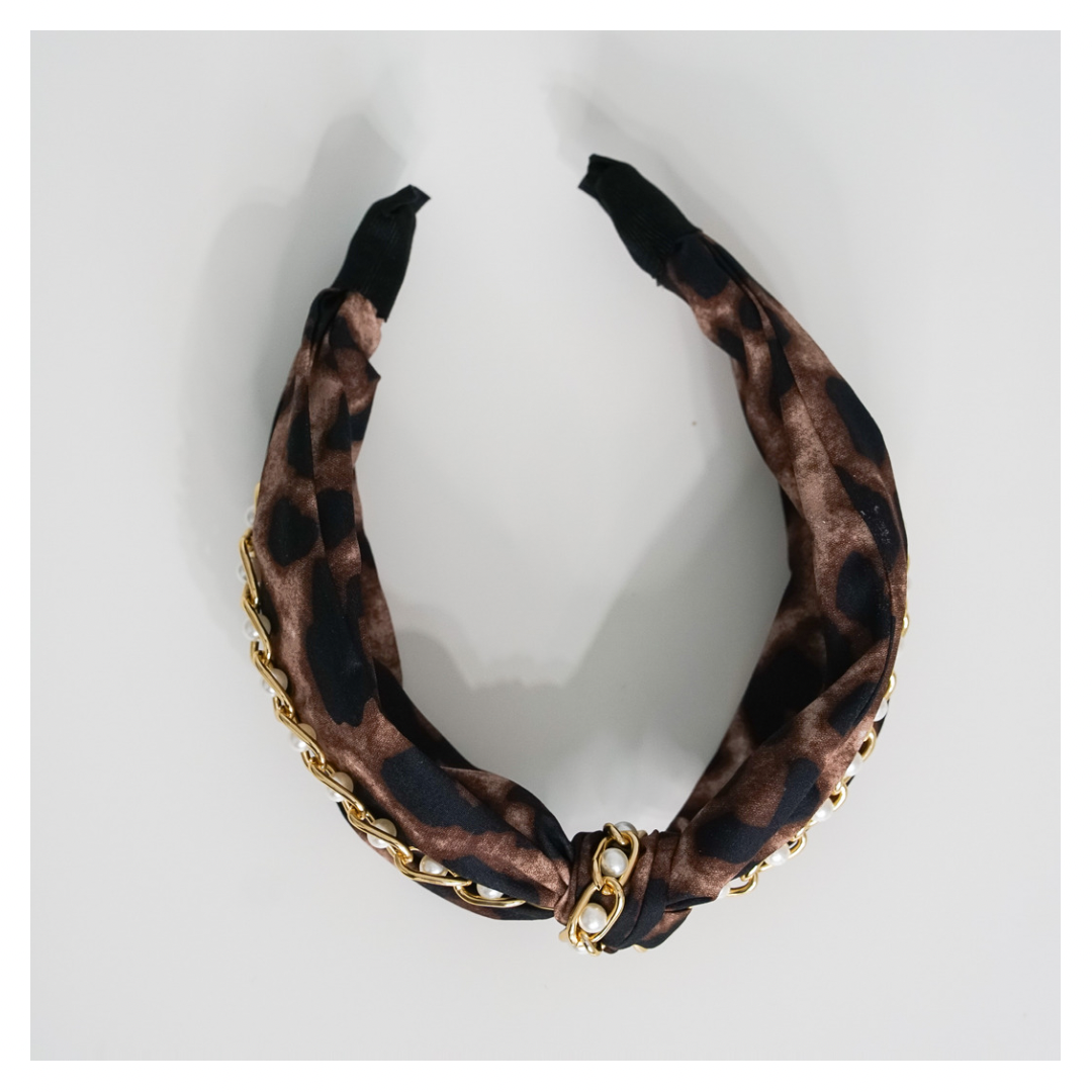 Leopard & Pearl Tie Knot Wide Headband