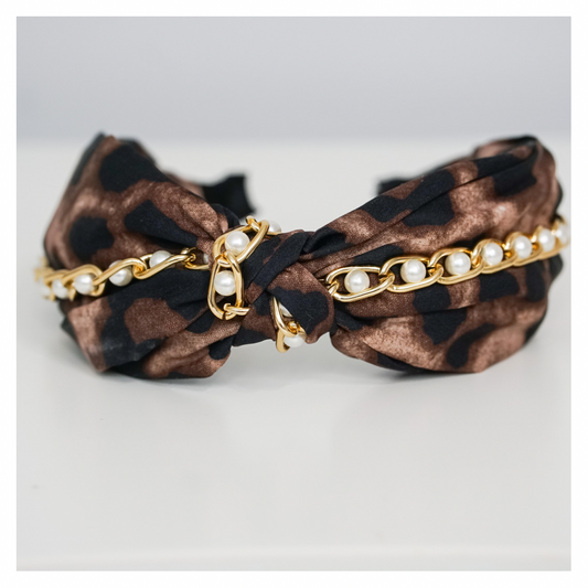 Leopard & Pearl Tie Knot Wide Headband