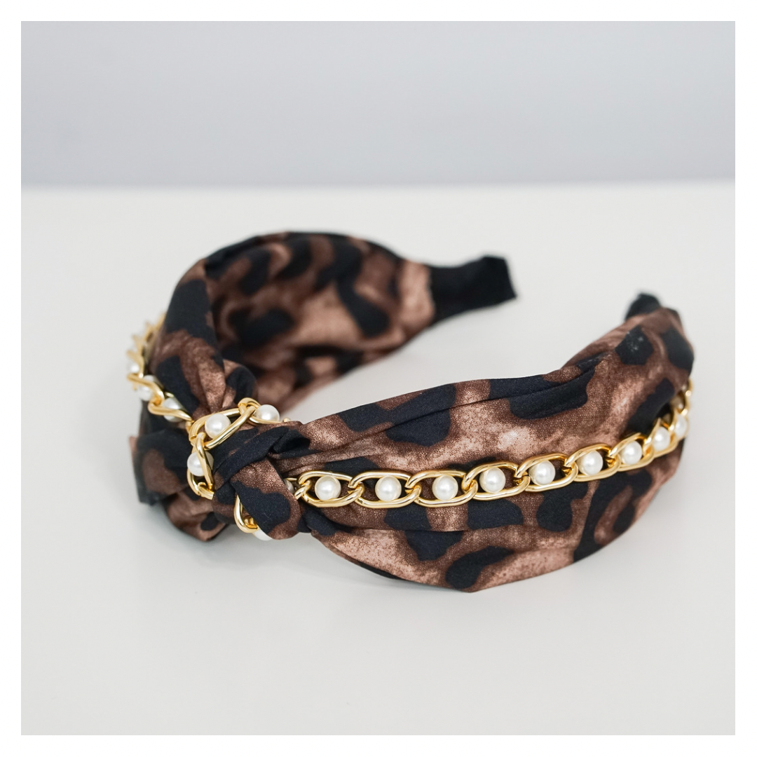 Leopard & Pearl Tie Knot Wide Headband